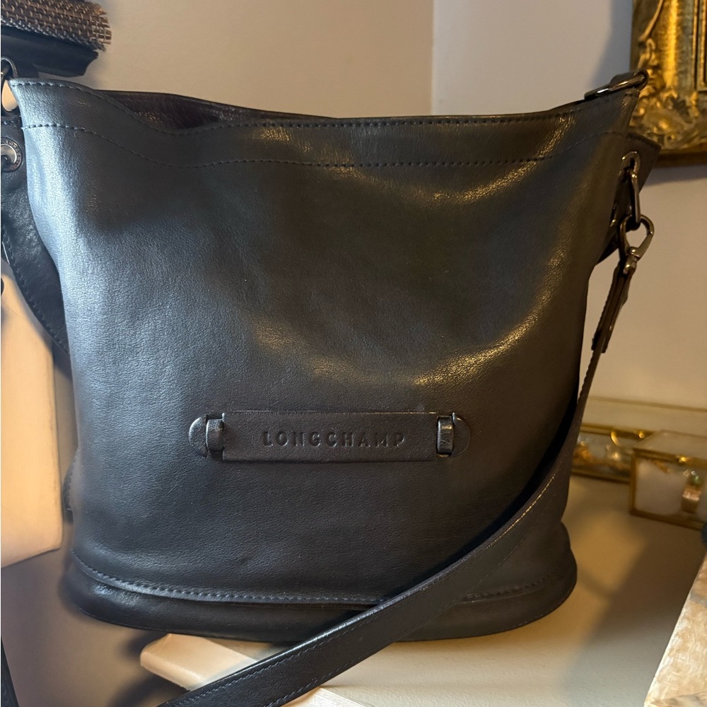 Longchamp Dark Navy with Brown Piping Accents Vintage Leather Shoulder Bag